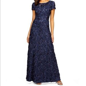 Navy Sequined-Lace Rosette-Rose Gown